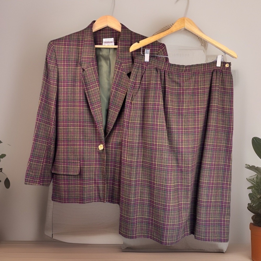 Vintage 80s Skirt Suit L Green Purple Plaid USA Midi Wool Blend Dark Academia‎